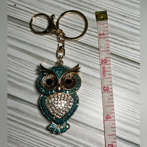 NEW Rhinestone Owl Key Chain/Bag Charm, Teal/Blue on Gold Toned Zinc Alloy - Picture 2 of 6